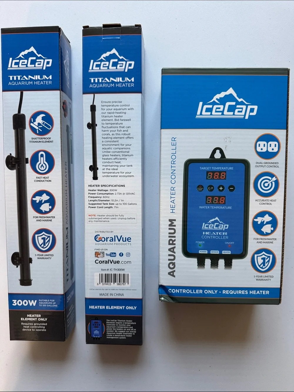 IceCap Blue Aquarium Heater Controller and Titanium Heater Accessories